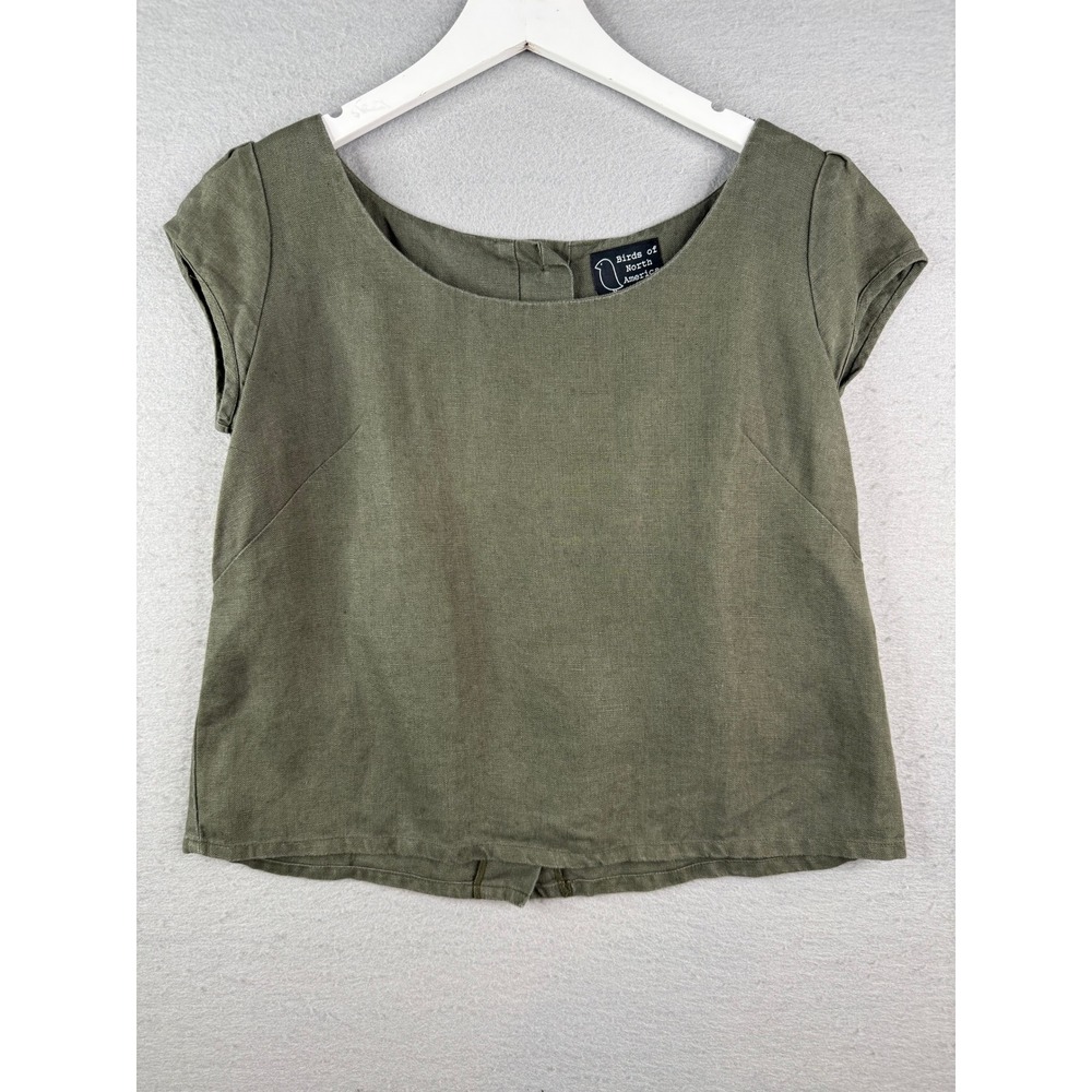 Birds of North America Linen Top Women L 12 Olive Ethical Minimalist Button Back